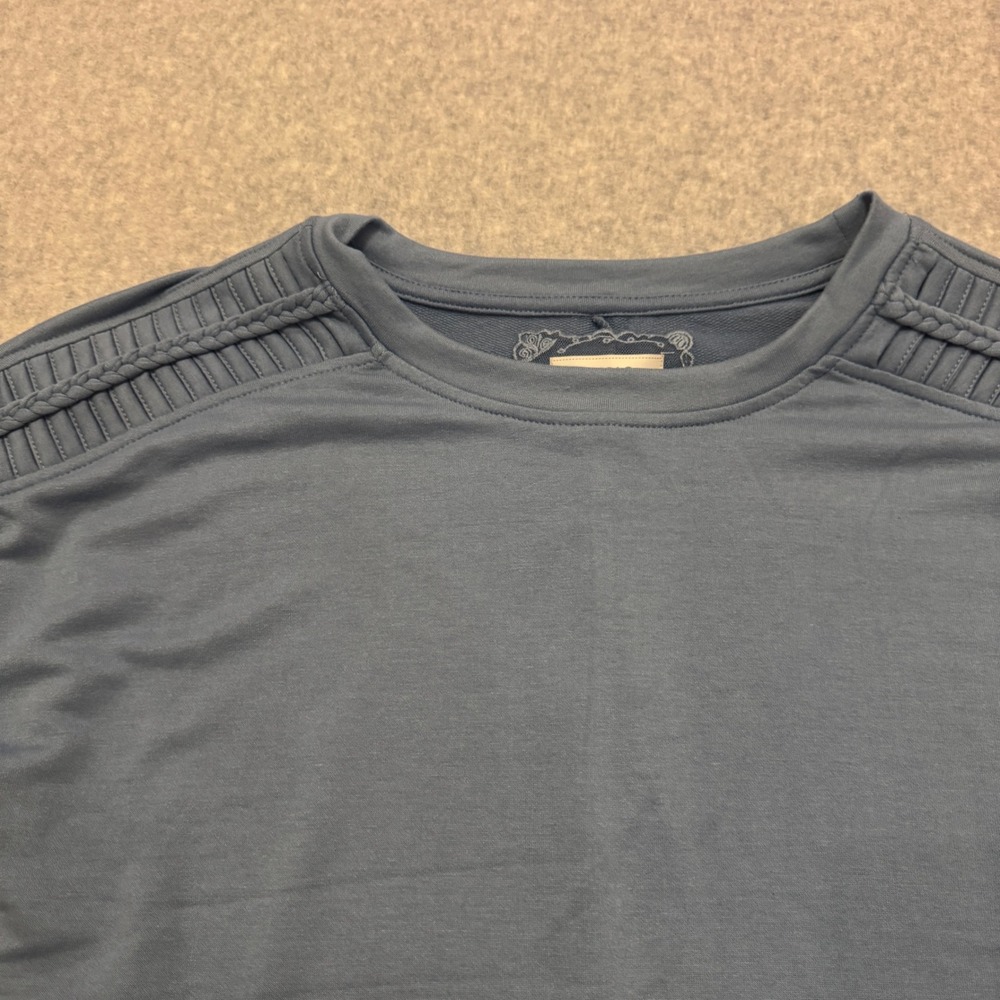 Cupio Womens Faded Denim Blue Braided Shoulder High Low Knit Top S NEW - Picture 3 of 9